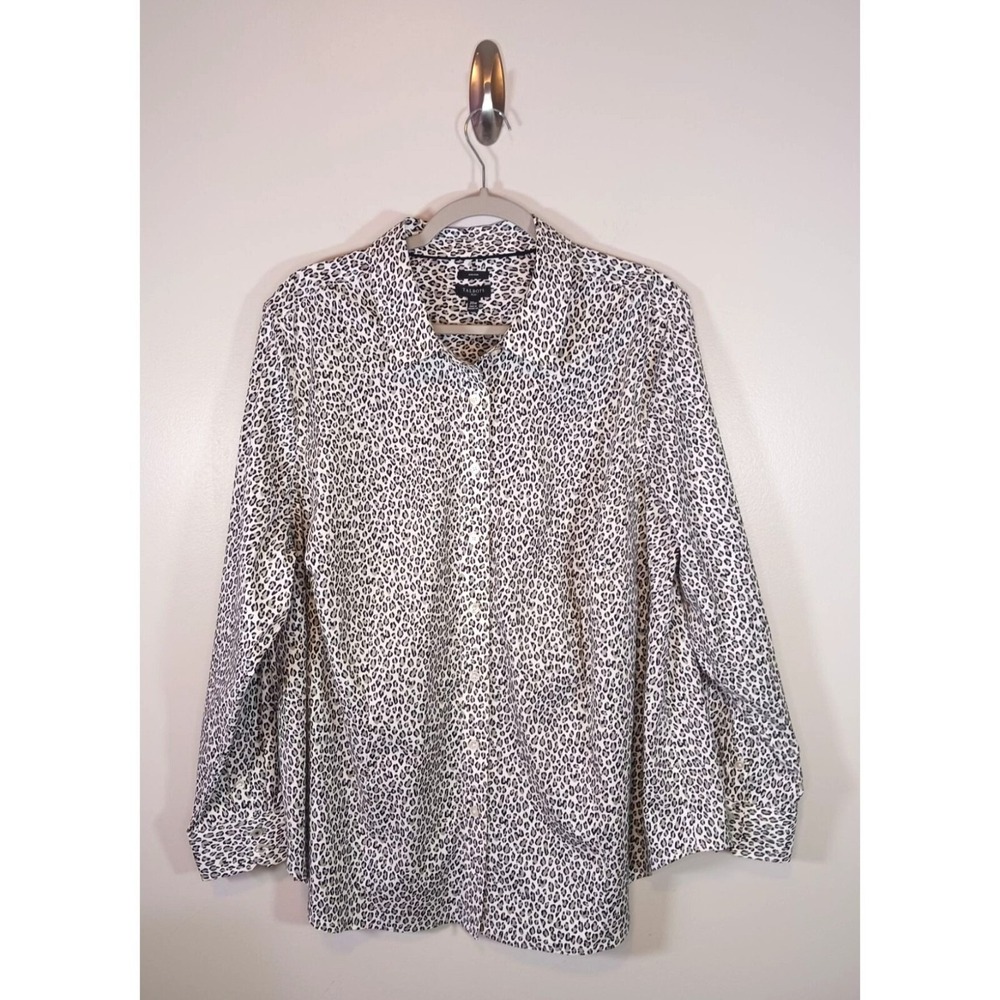 Talbots Leopard Print Blouse 20W Non Iron Stretch Button Front Long Sleeve